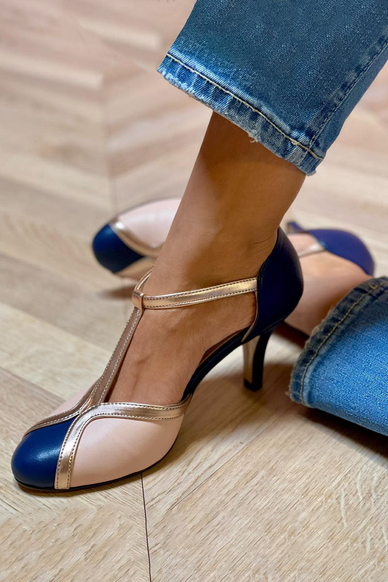 Zapatos Celinne | Salones bicolor con pulsera T dorada