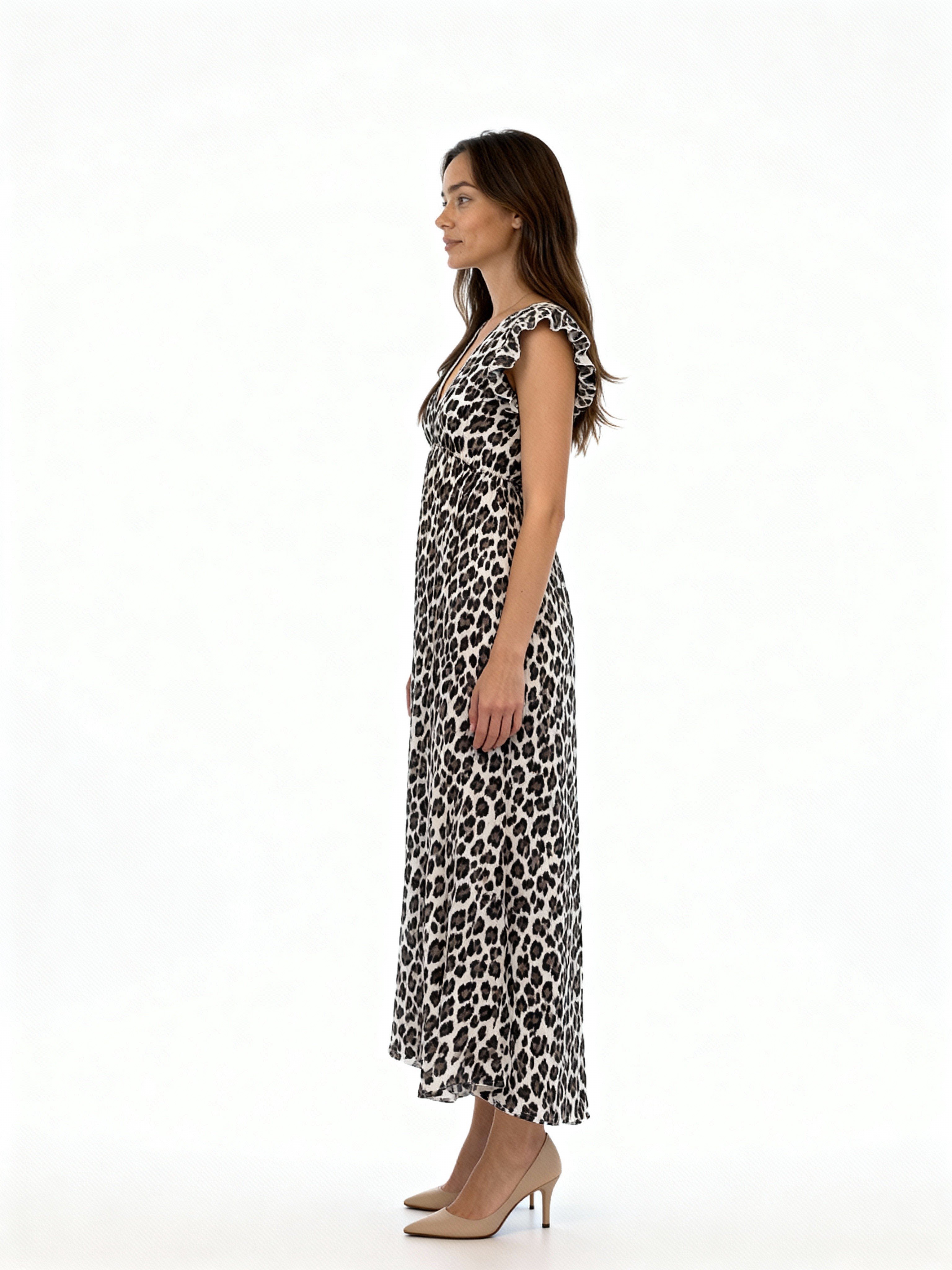 Léa | Vestido largo estampado animal con volantes en los hombros