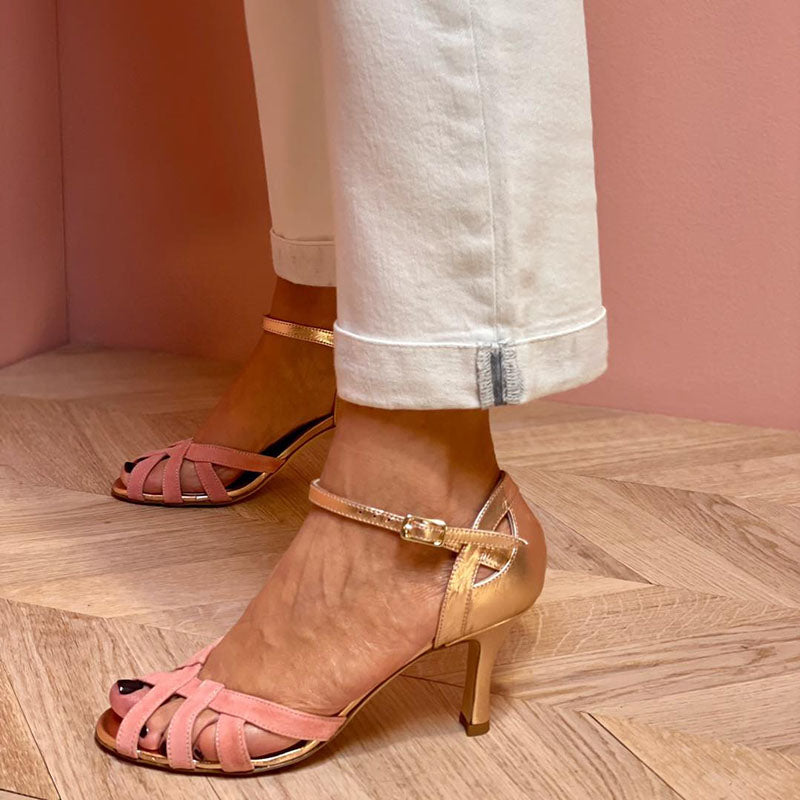 Sandalias Amélie Rose | Tacón dorado y ante rosa empolvado